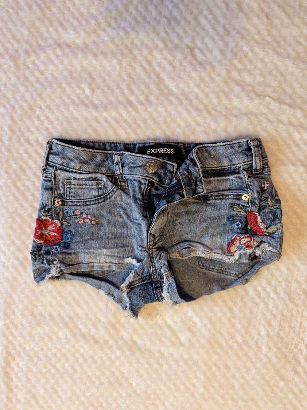 Express Shortie Floral Embroidered Denim Shorts | Size 00